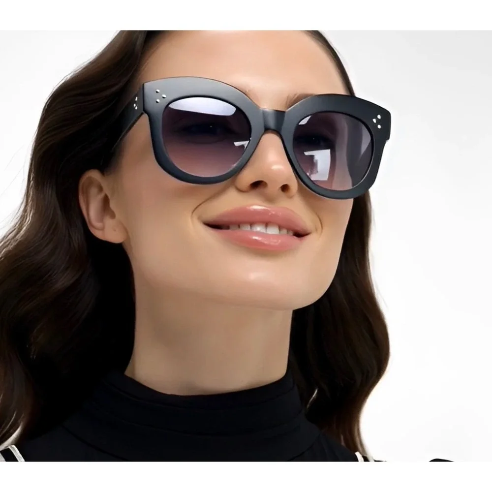 Black Oversized Cat Eye Sunglasses Gradient Smoke Lens‎ Silver Stud Accents NEW